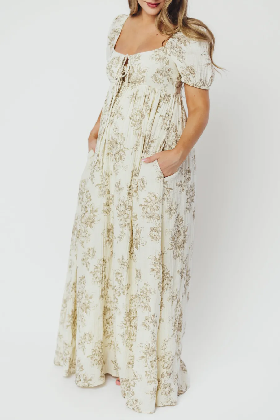 Online Worth Collective Haven 100% Cotton Tie-Front Maxi Dress in Taupe/Brown Floral - Bump Fr