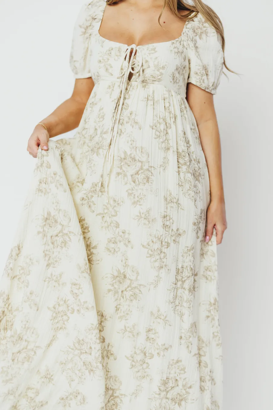 Online Worth Collective Haven 100% Cotton Tie-Front Maxi Dress in Taupe/Brown Floral - Bump Fr