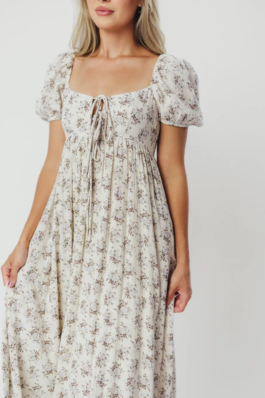 Hot Worth Collective Haven 100% Cotton Tie-Front Maxi Dress in Blue/Brown Floral - Bump Fri