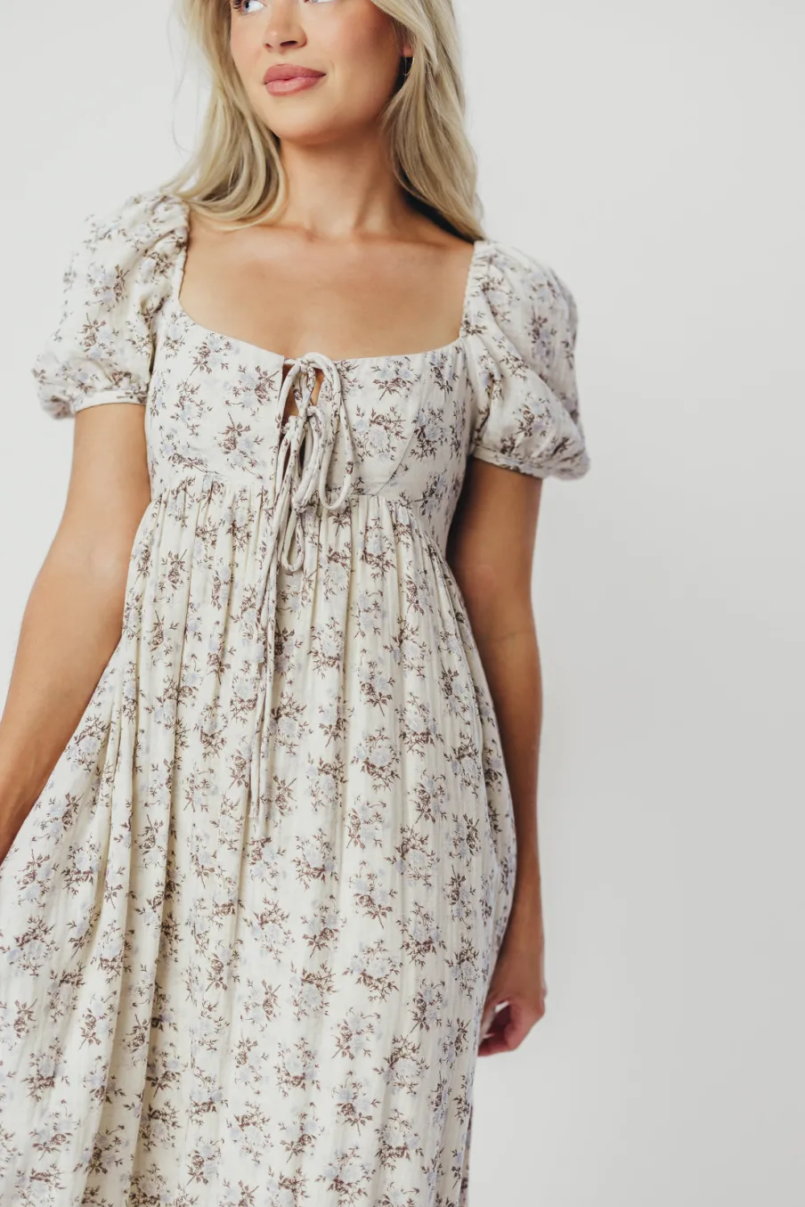 Hot Worth Collective Haven 100% Cotton Tie-Front Maxi Dress in Blue/Brown Floral - Bump Fri