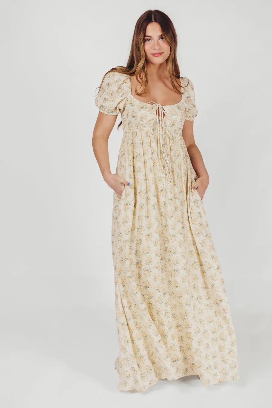 Outlet Worth Collective Haven 100% Cotton Tie-Front Maxi Dress in Orange/Green Floral - Bump F