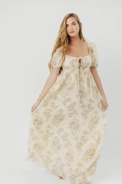 Online Worth Collective Haven 100% Cotton Tie-Front Maxi Dress in Taupe/Brown Floral - Bump Fr