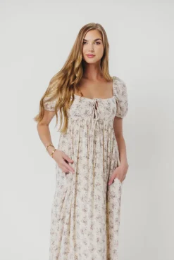 Hot Worth Collective Haven 100% Cotton Tie-Front Maxi Dress in Blue/Brown Floral - Bump Fri