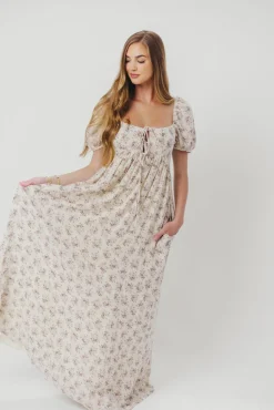 Hot Worth Collective Haven 100% Cotton Tie-Front Maxi Dress in Blue/Brown Floral - Bump Fri