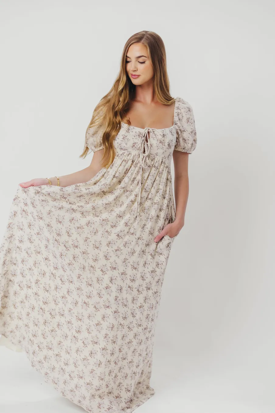 Hot Worth Collective Haven 100% Cotton Tie-Front Maxi Dress in Blue/Brown Floral - Bump Fri