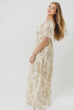 Online Worth Collective Haven 100% Cotton Tie-Front Maxi Dress in Taupe/Brown Floral - Bump Fr