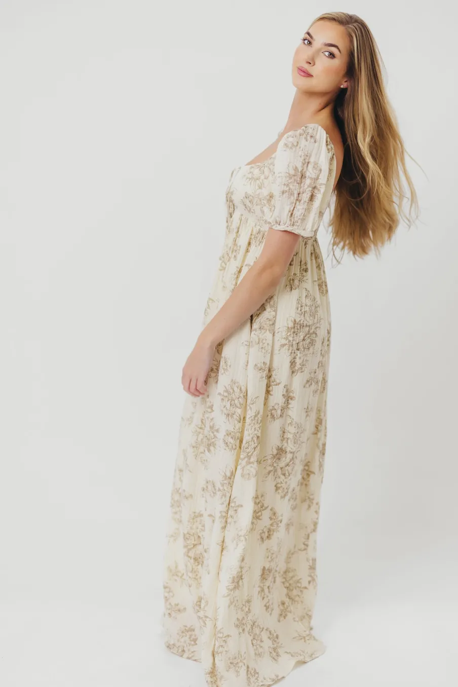 Online Worth Collective Haven 100% Cotton Tie-Front Maxi Dress in Taupe/Brown Floral - Bump Fr