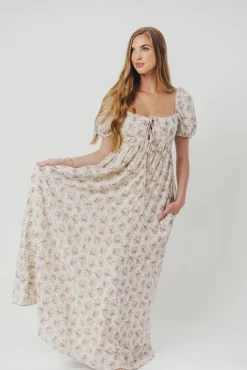 Hot Worth Collective Haven 100% Cotton Tie-Front Maxi Dress in Blue/Brown Floral - Bump Fri