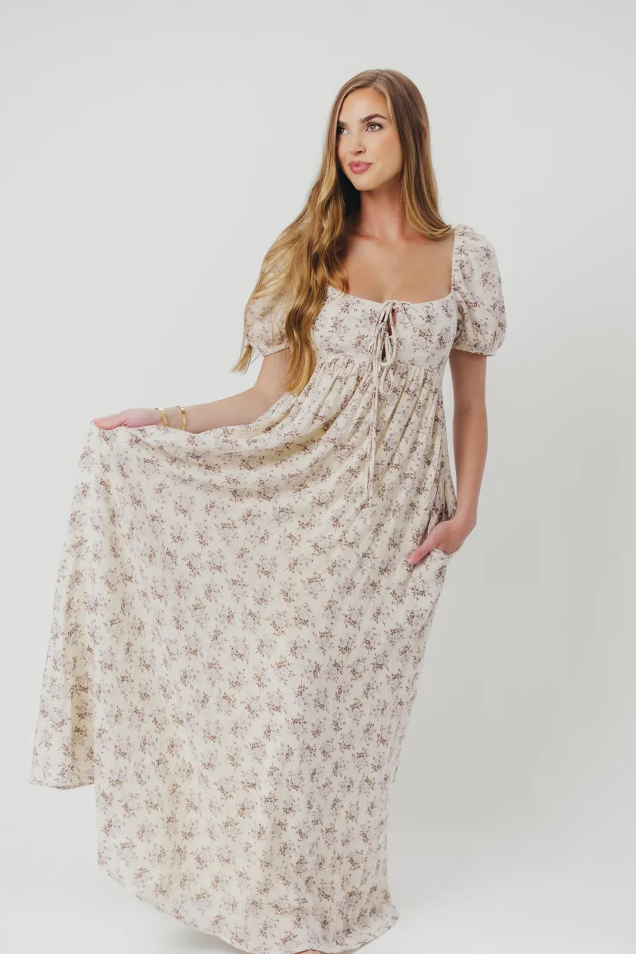 Hot Worth Collective Haven 100% Cotton Tie-Front Maxi Dress in Blue/Brown Floral - Bump Fri