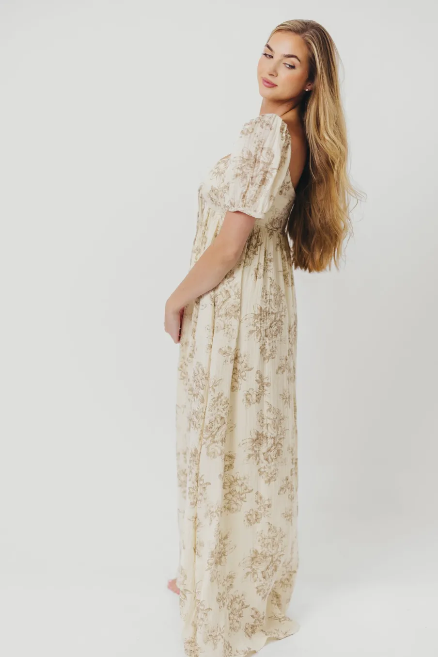 Online Worth Collective Haven 100% Cotton Tie-Front Maxi Dress in Taupe/Brown Floral - Bump Fr