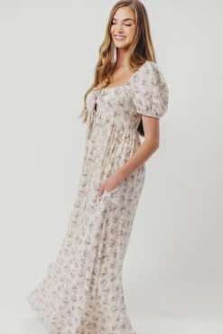 Hot Worth Collective Haven 100% Cotton Tie-Front Maxi Dress in Blue/Brown Floral - Bump Fri