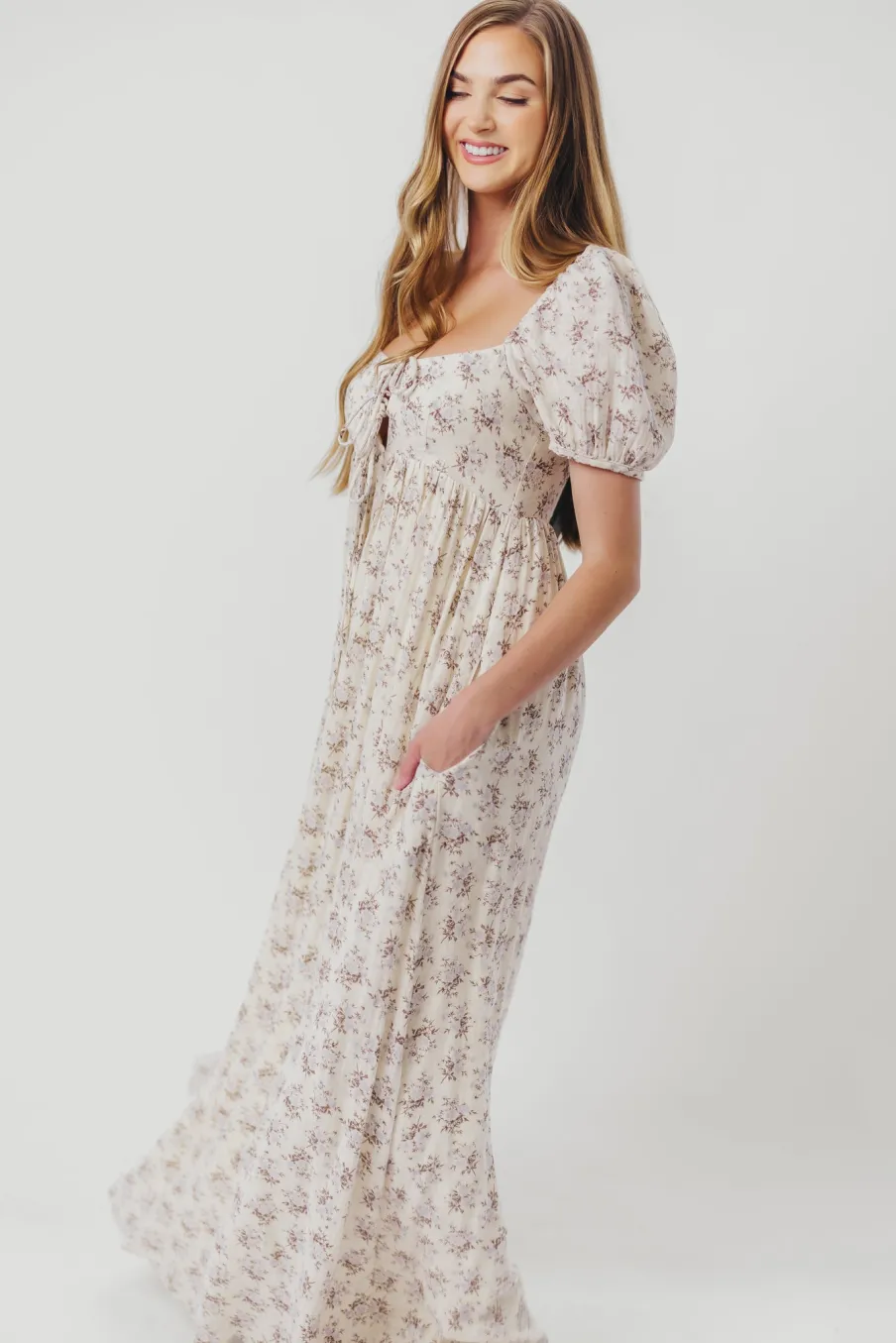 Hot Worth Collective Haven 100% Cotton Tie-Front Maxi Dress in Blue/Brown Floral - Bump Fri