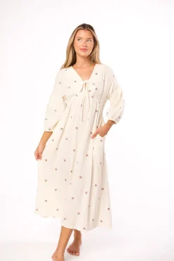 Online Worth Collective Hunter 100% Cotton Gauze Midi Dress in Soy/Pink Floral - Bump Friendly