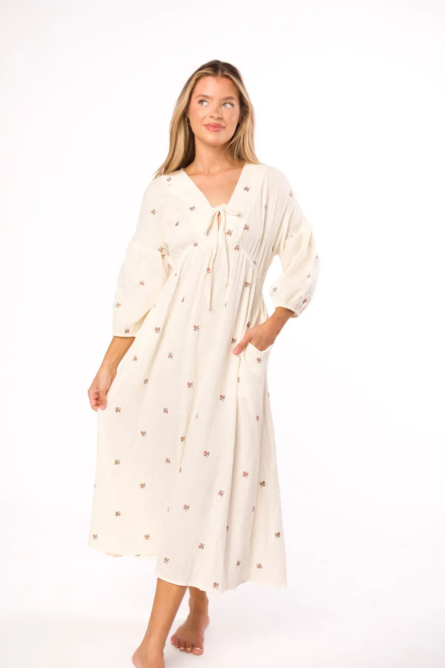 Online Worth Collective Hunter 100% Cotton Gauze Midi Dress in Soy/Pink Floral - Bump Friendly