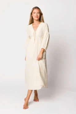 Hot Worth Collective Hunter 100% Cotton Gauze Midi Dress in Natural/Brown Floral Bump Frien