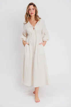 Hot Worth Collective Hunter 100% Cotton Gauze Midi Dress in Soy - Bump Friendly