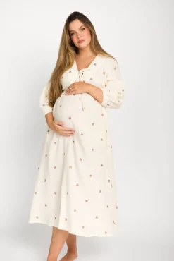 Online Worth Collective Hunter 100% Cotton Gauze Midi Dress in Soy/Pink Floral - Bump Friendly