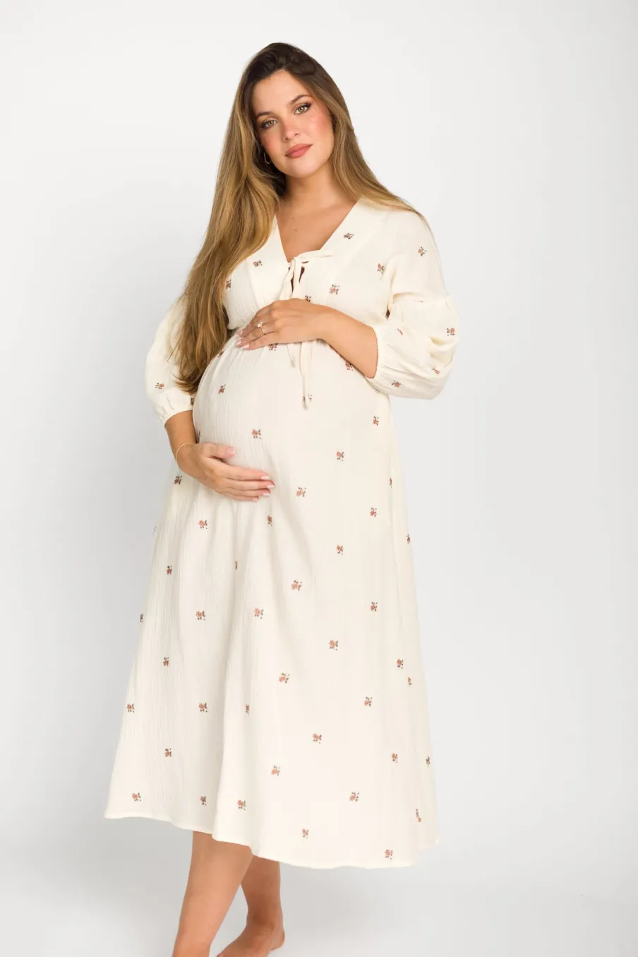 Online Worth Collective Hunter 100% Cotton Gauze Midi Dress in Soy/Pink Floral - Bump Friendly