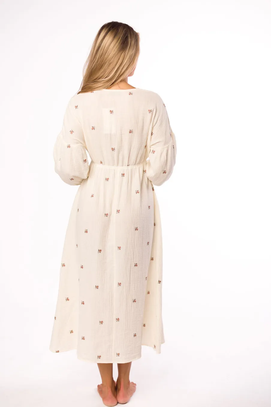 Online Worth Collective Hunter 100% Cotton Gauze Midi Dress in Soy/Pink Floral - Bump Friendly