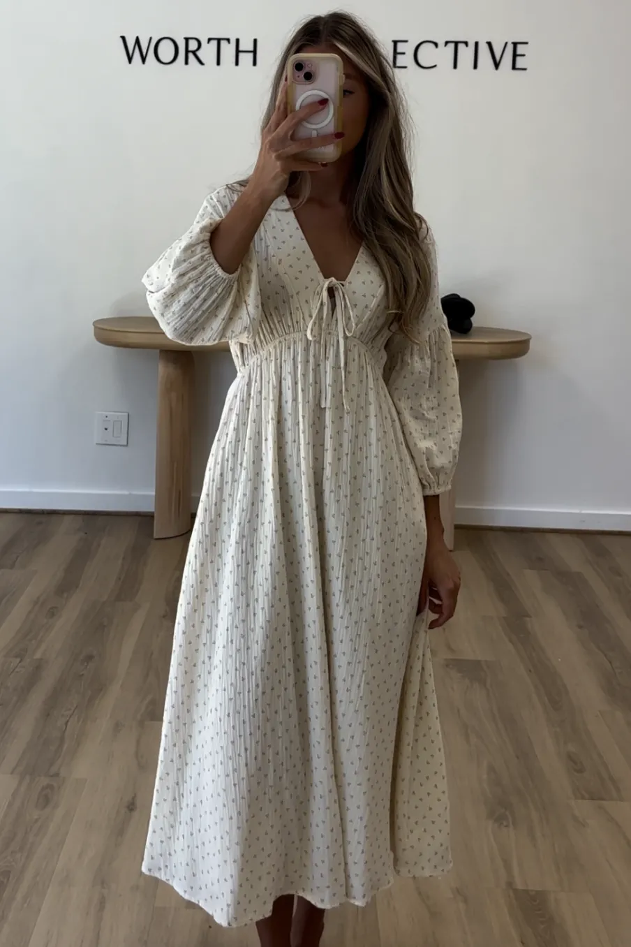 Hot Worth Collective Hunter 100% Cotton Gauze Midi Dress in Natural/Brown Floral Bump Frien