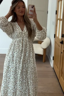 Sale Worth Collective Hunter 100% Cotton Gauze Midi Dress in Natural/Fawn Floral - Bump Frie
