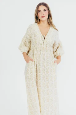 Sale Worth Collective Hunter 100% Cotton Gauze Midi Dress in Natural/Tan Floral - Bump Frien