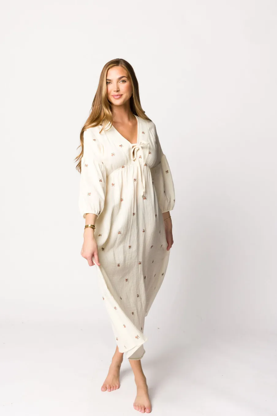 Online Worth Collective Hunter 100% Cotton Gauze Midi Dress in Soy/Pink Floral - Bump Friendly
