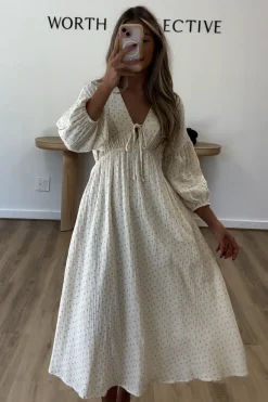 Hot Worth Collective Hunter 100% Cotton Gauze Midi Dress in Natural/Brown Floral Bump Frien
