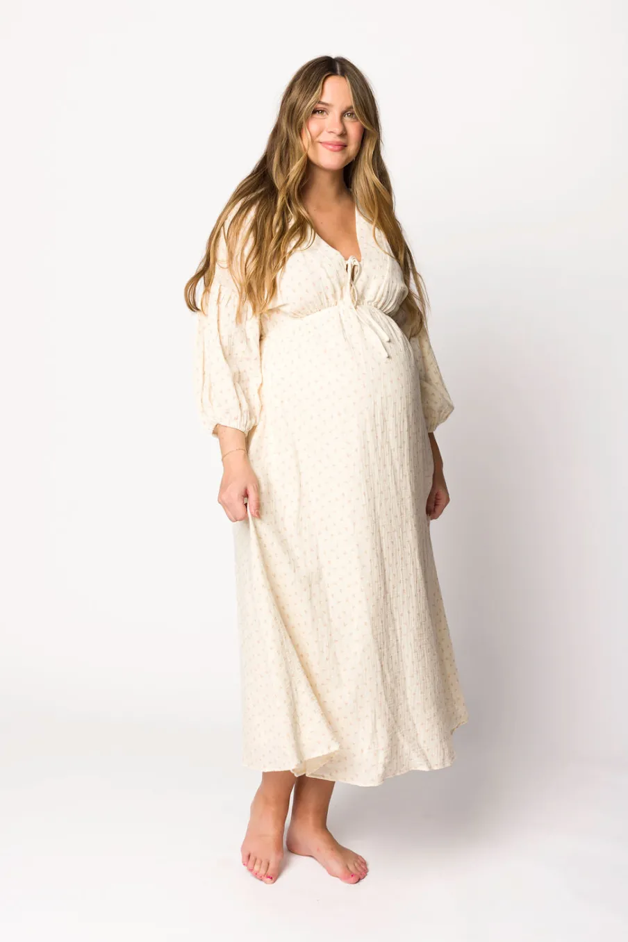Hot Worth Collective Hunter 100% Cotton Gauze Midi Dress in Natural/Brown Floral Bump Frien