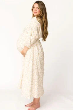 Sale Worth Collective Hunter 100% Cotton Gauze Midi Dress in Natural/Fawn Floral - Bump Frie
