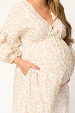 Sale Worth Collective Hunter 100% Cotton Gauze Midi Dress in Natural/Fawn Floral - Bump Frie