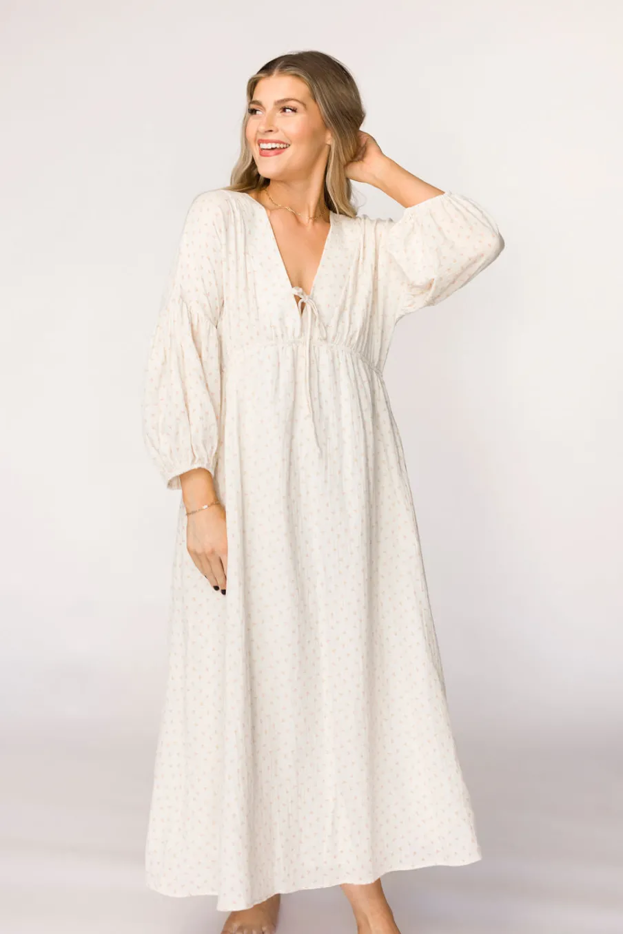 Hot Worth Collective Hunter 100% Cotton Gauze Midi Dress in Natural/Brown Floral Bump Frien