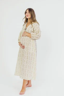 Sale Worth Collective Hunter 100% Cotton Gauze Midi Dress in Natural/Tan Floral - Bump Frien