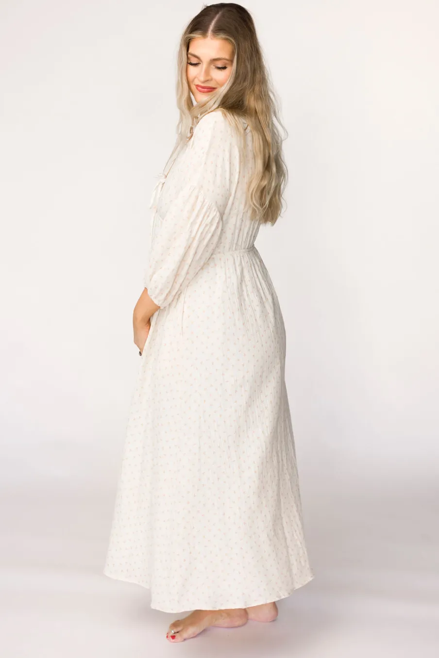 Hot Worth Collective Hunter 100% Cotton Gauze Midi Dress in Natural/Brown Floral Bump Frien