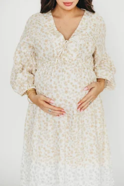 Sale Worth Collective Hunter 100% Cotton Gauze Midi Dress in Natural/Fawn Floral - Bump Frie