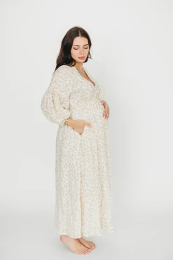 Sale Worth Collective Hunter 100% Cotton Gauze Midi Dress in Natural/Fawn Floral - Bump Frie