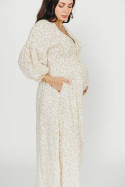 Sale Worth Collective Hunter 100% Cotton Gauze Midi Dress in Natural/Fawn Floral - Bump Frie