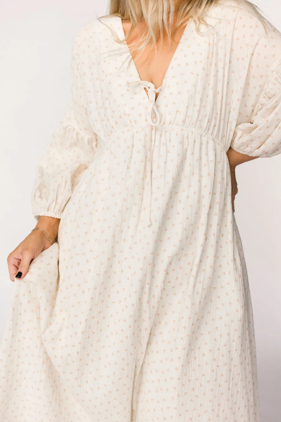 Hot Worth Collective Hunter 100% Cotton Gauze Midi Dress in Natural/Brown Floral Bump Frien