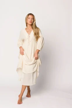 Hot Worth Collective Hunter 100% Cotton Gauze Midi Dress in Natural/Brown Floral Bump Frien