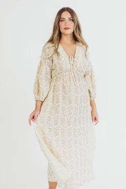 Sale Worth Collective Hunter 100% Cotton Gauze Midi Dress in Natural/Tan Floral - Bump Frien