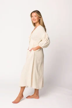 Hot Worth Collective Hunter 100% Cotton Gauze Midi Dress in Natural/Brown Floral Bump Frien