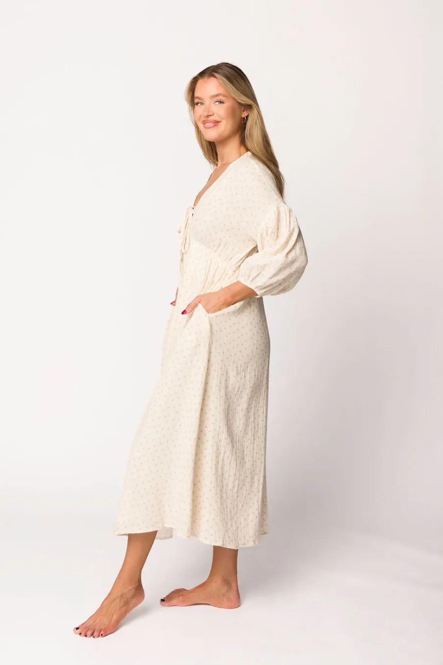 Hot Worth Collective Hunter 100% Cotton Gauze Midi Dress in Natural/Brown Floral Bump Frien