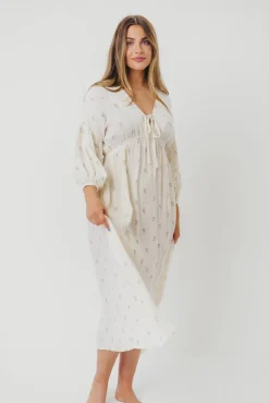 Outlet Worth Collective Hunter 100% Cotton Gauze Midi Dress in Soy/Sage Foliage - Bump Friendl