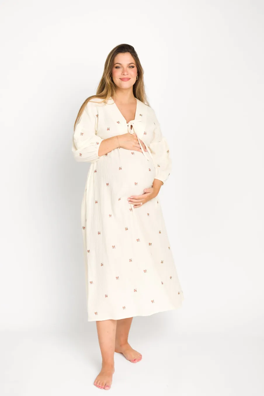 Online Worth Collective Hunter 100% Cotton Gauze Midi Dress in Soy/Pink Floral - Bump Friendly