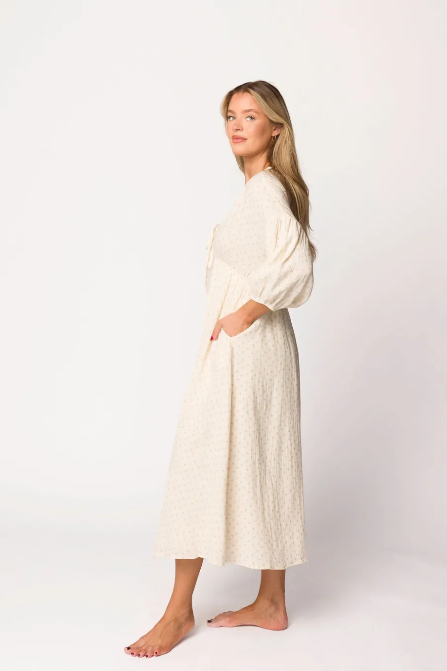 Hot Worth Collective Hunter 100% Cotton Gauze Midi Dress in Natural/Brown Floral Bump Frien