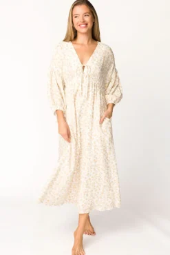 Sale Worth Collective Hunter 100% Cotton Gauze Midi Dress in Natural/Fawn Floral - Bump Frie