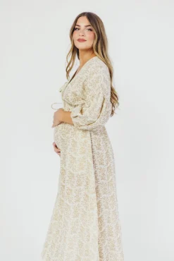 Sale Worth Collective Hunter 100% Cotton Gauze Midi Dress in Natural/Tan Floral - Bump Frien