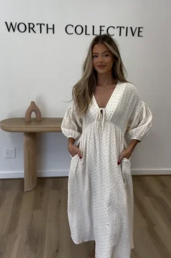 Hot Worth Collective Hunter 100% Cotton Gauze Midi Dress in Natural/Brown Floral Bump Frien