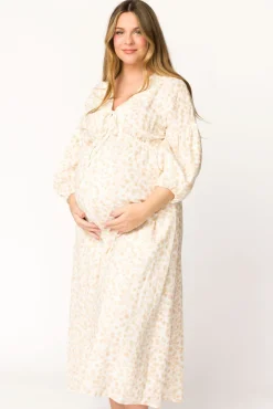 Sale Worth Collective Hunter 100% Cotton Gauze Midi Dress in Natural/Fawn Floral - Bump Frie