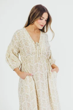 Sale Worth Collective Hunter 100% Cotton Gauze Midi Dress in Natural/Tan Floral - Bump Frien